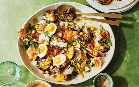 Sabich tomato and aubergine salad with amba sauce