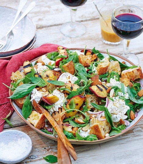 Sabrina Gidda's grilled peach panzanella, toasted almonds & burrata