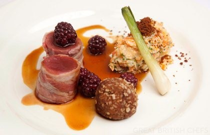 Saddle and haunch of Highland red deer with crowdie clapshot, gingerbread, brambles