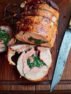 Saddle of lamb stuffed with spinach and mushroom duxelles (Selle d'agneau farcie aux épinards et champignons)