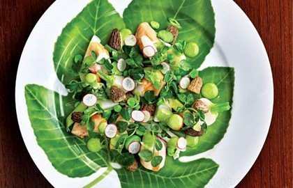 Saddle of rabbit with spring vegetables, pea shoots and tarragon