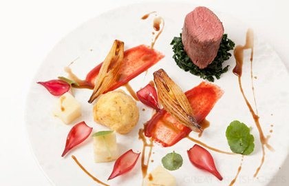 Saddle of venison with shallots, salt baked celeriac and venison sauce