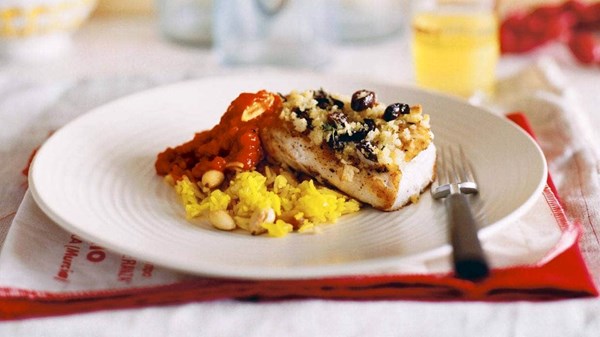 Saffron almond rice with oven-roasted hapuku and quick tomato sauce