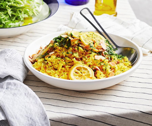 Saffron and lemon rice with fried onion