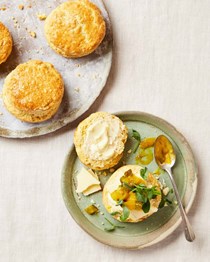Saffron and mustard scones with cheddar and piccalilli