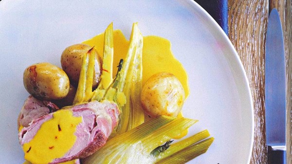 Saffron braised fennel and potatoes with bacon and pork