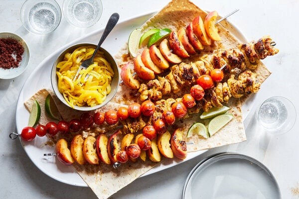 Saffron chicken kababs with peaches (Joojeh kabab ba holu)