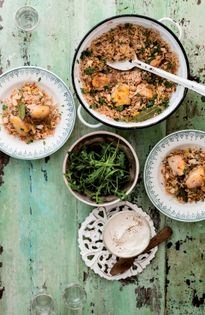 Saffron chicken mansaf with tahini yogurt & green salad