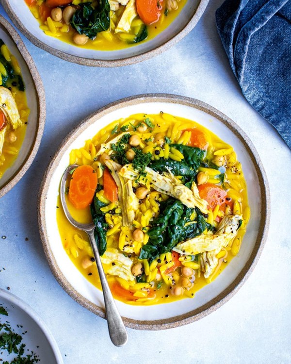 Saffron chicken stew with greens & chickpeas
