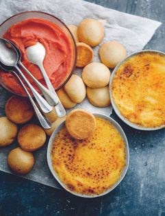 Saffron crème brûlée with blood orange sorbet and burnt butter biscuits