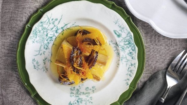 Saffron custard slice with Medjool date and orange compote