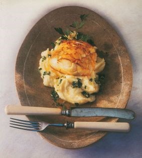 Saffron-grilled cod fillet with Aligot & Beurre d'escargot