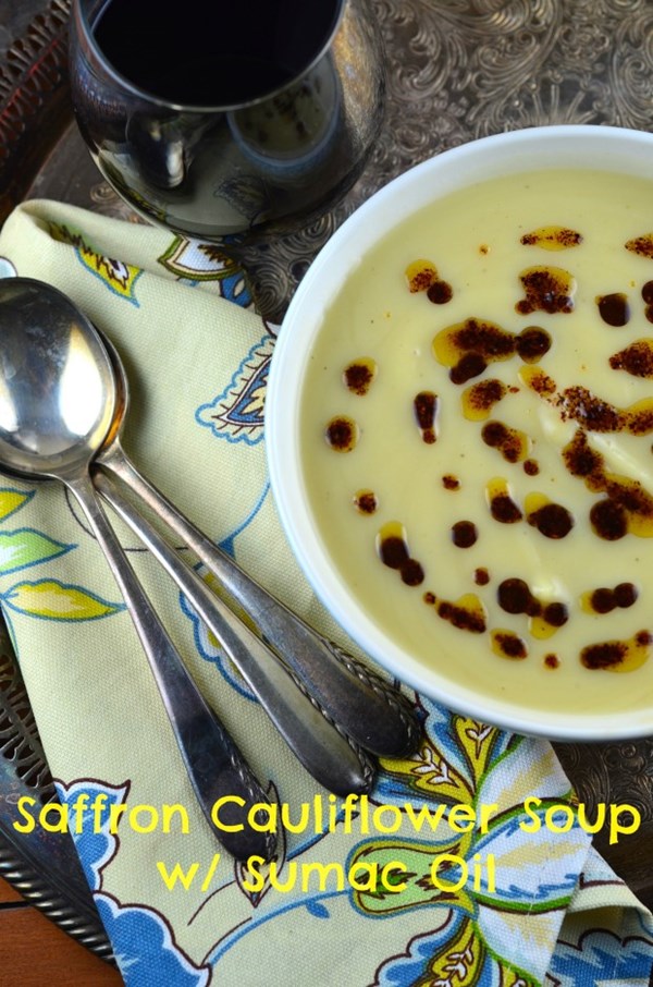 Saffron-infused cauliflower soup with sumac oil