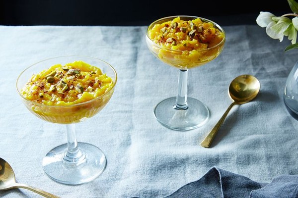Saffron-infused rice pudding (Sholeh zard), in the Persian manner