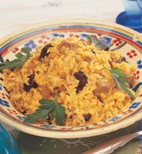 Saffron lamb pilaff with prunes and raisins