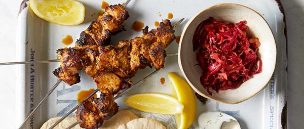 Saffron lamb shish with caramelised red onions