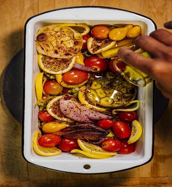 Saffron lemon confit with alliums & tomatoes