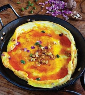 Saffron omelet with walnuts + rose petals (Khagineh-ye Tabrizi/qiqnakh)