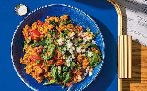 Saffron orzo with chorizo and spinach
