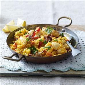 Saffron paella with squid and roasted red peppers