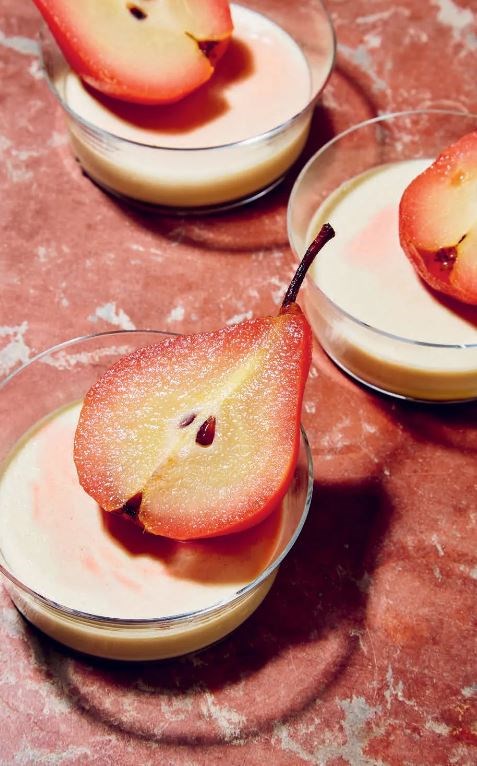 Saffron panna cotta pots & poached pears