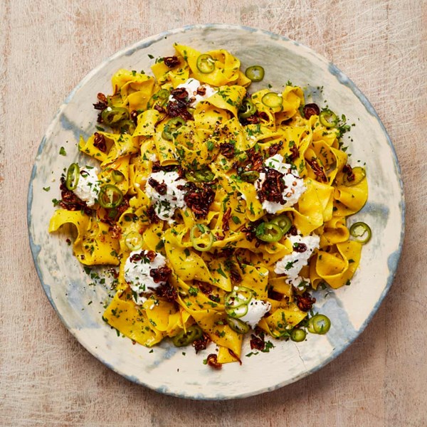Saffron pasta, chipotle shallots and pickled chilli
