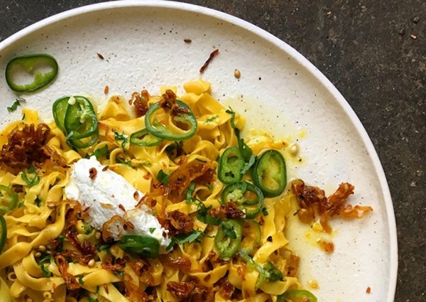 Saffron pasta with chipotle shallots and pickled chillies
