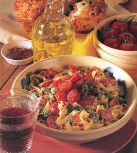 Saffron pasta with oven-dried tomatoes and broad beans