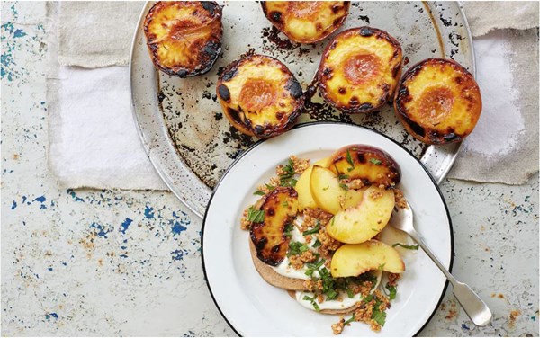 Saffron peach & mint salad with banana pancakes & lemon crème fraîche 