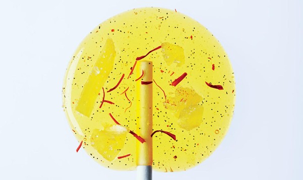 Saffron-pear lollipops