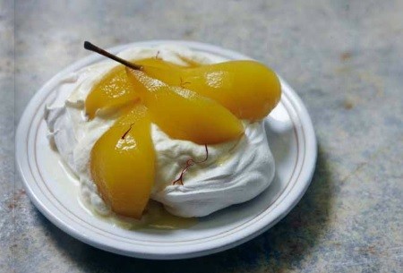 Saffron pears with meringue