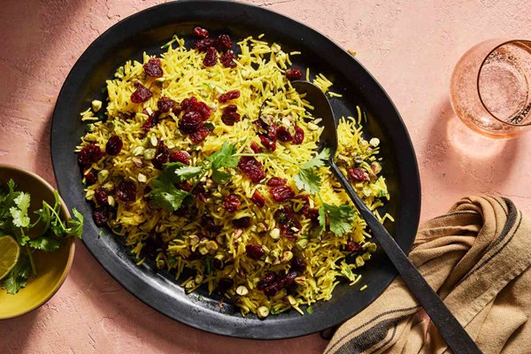 Saffron rice pilaf with cherries and pistachios