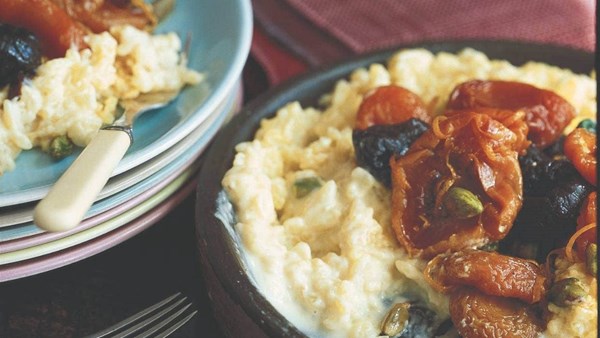 Saffron rice pudding with dried fruit compote