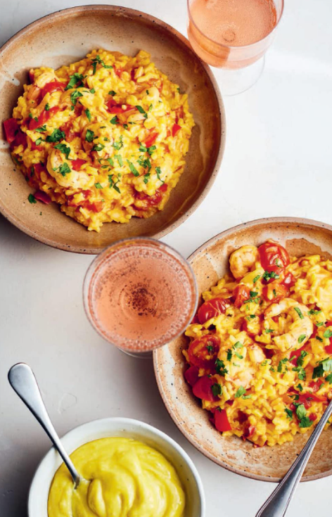 Saffron rice with roasted tomatoes, prawns and aïoli