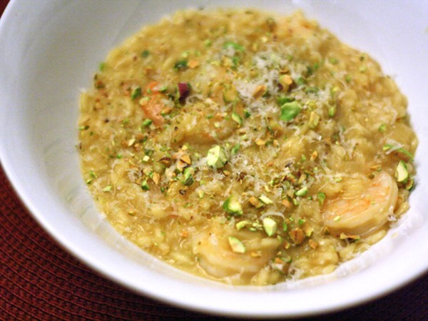 Saffron risotto with shrimp and pistachios