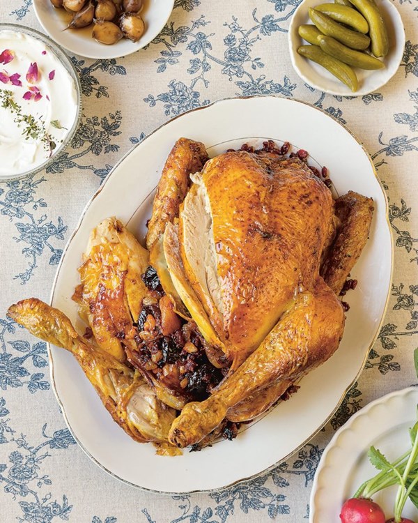 Saffron roast chicken with dried fruit