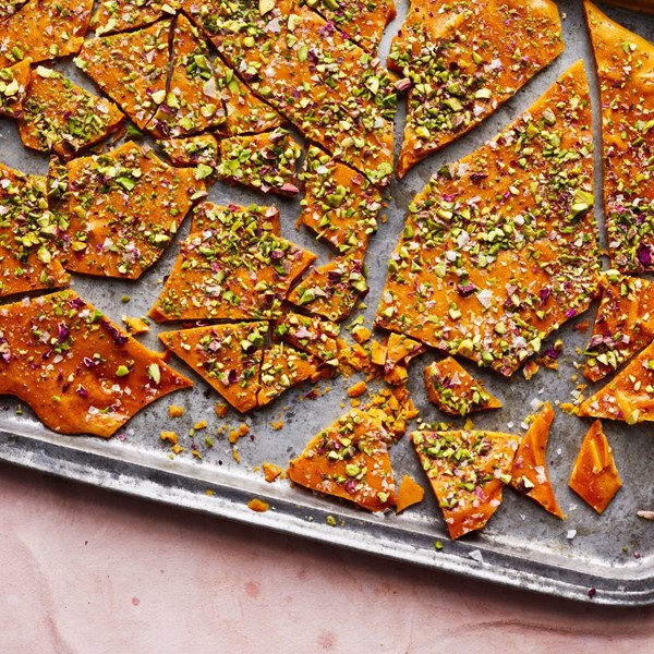 Saffron-rose water brittle with pistachios and almonds
