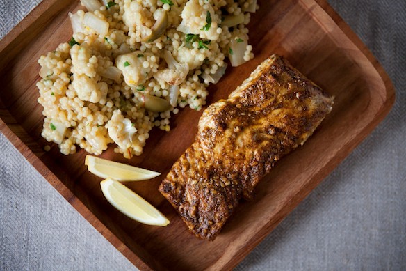 Saffron-scented vegetable couscous with North African-spiced halibut