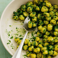 Saffron semolina dumplings with herb pistou