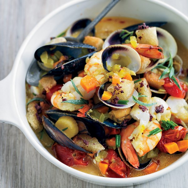 Saffron shellfish stew with black olive croutons [Barbara Lynch]
