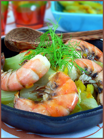 Saffron shrimps tajine with confit fennel (Tajine de crevettes safranée au fenouil confit)