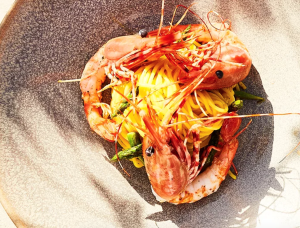 Saffron spaghetti with Santa Barbara spot prawns
