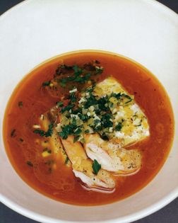 Saffron tomato soup with grilled rouget fillet and prawns