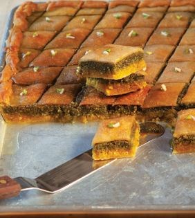 Saffroned almond + pistachio baklava (Baqlava-ye do rangeh-ye Qazvini)