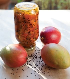 Saffroned mango pickle (Torshi-e anbeh-o zaferan)