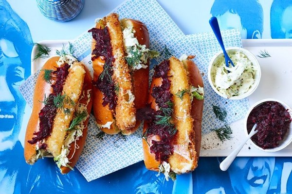 Saganaki hot dogs with beetroot relish