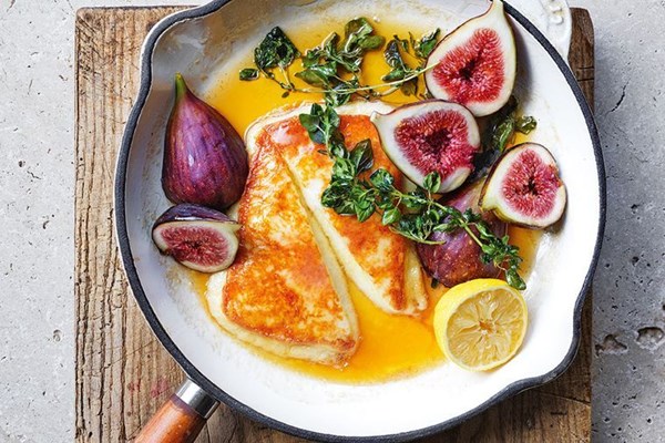 Saganaki kefalotyri with orange blossom honey and figs