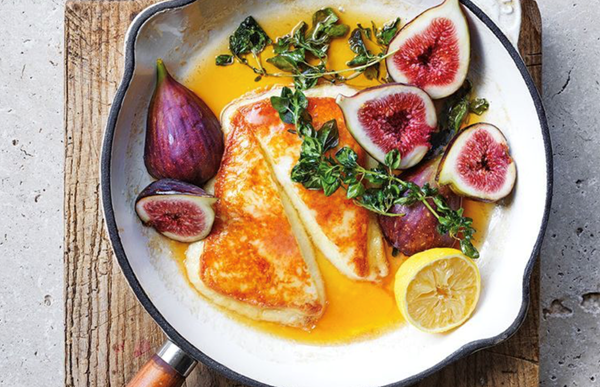 Saganaki kefalotyri with orange blossom honey and figs
