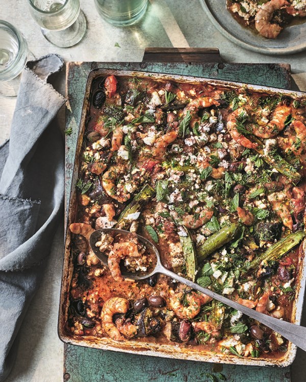 Saganaki-style baked prawns and feta