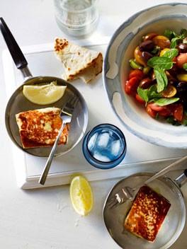 Saganaki with tomato and oregano salad